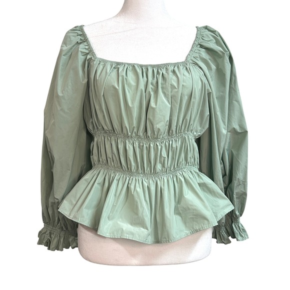 Zara Tops - Zara Sage Green Smocked Peplum Nylon Top Puff Sleeve Square Neck Size L